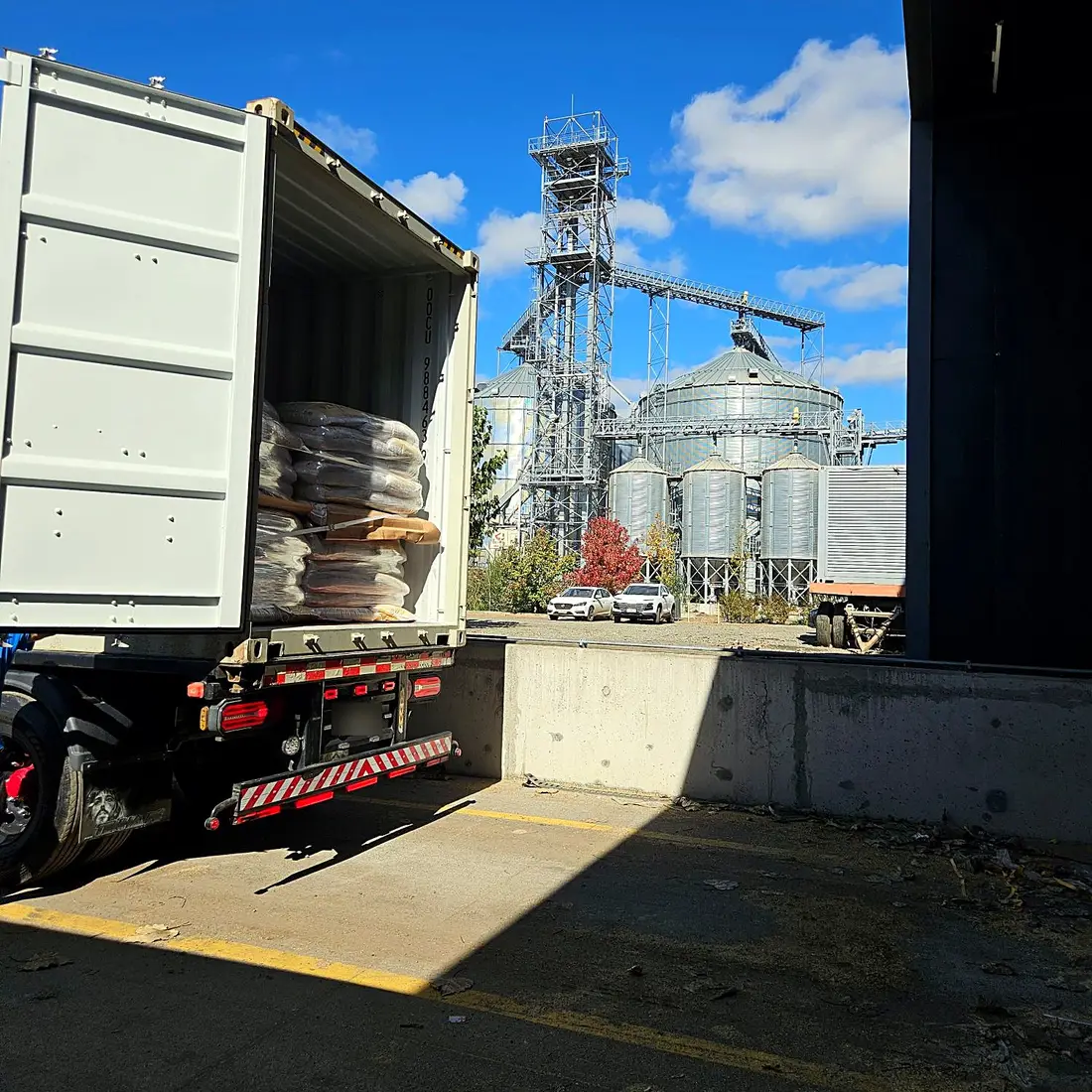 Contenedor de 20' cargando junto a los silos de la planta