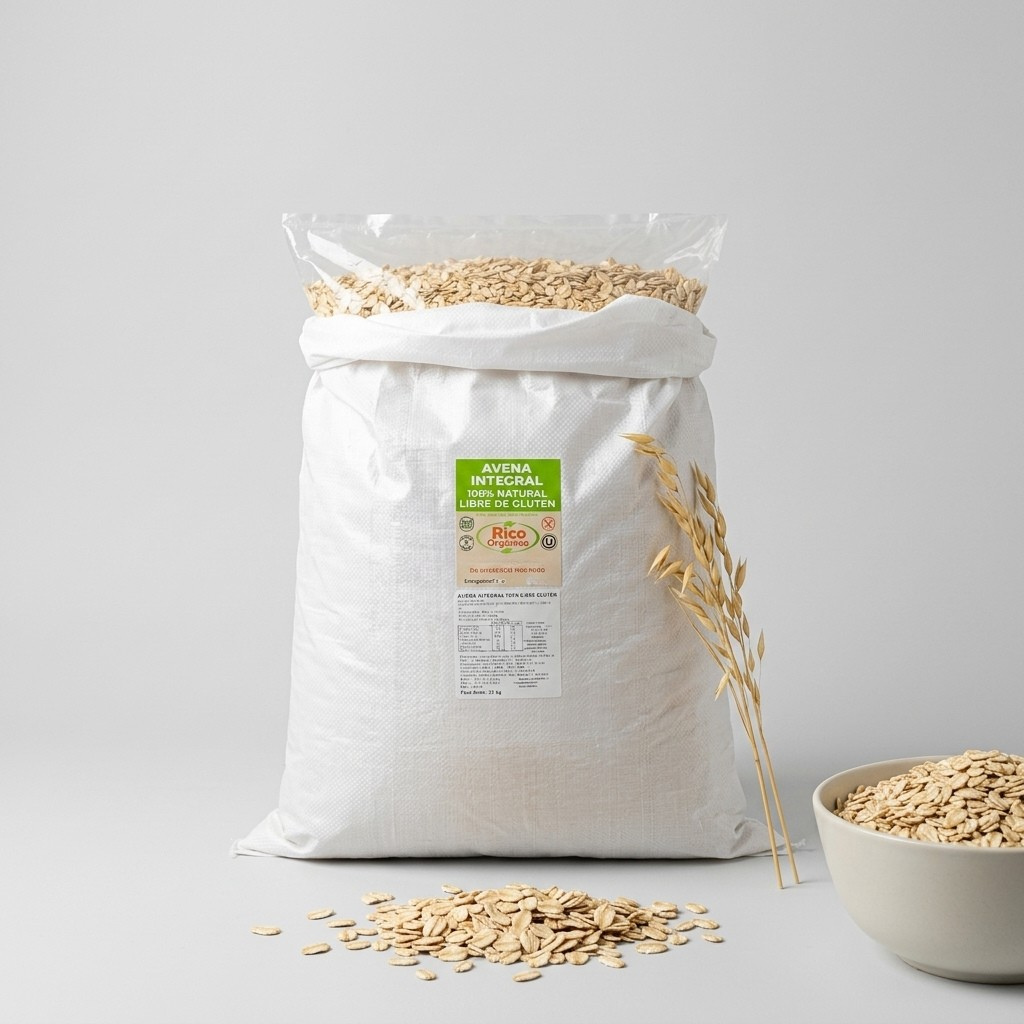 Saco de Avena Integral Libre de Gluten RicOrganico de 25 kg con avena servida