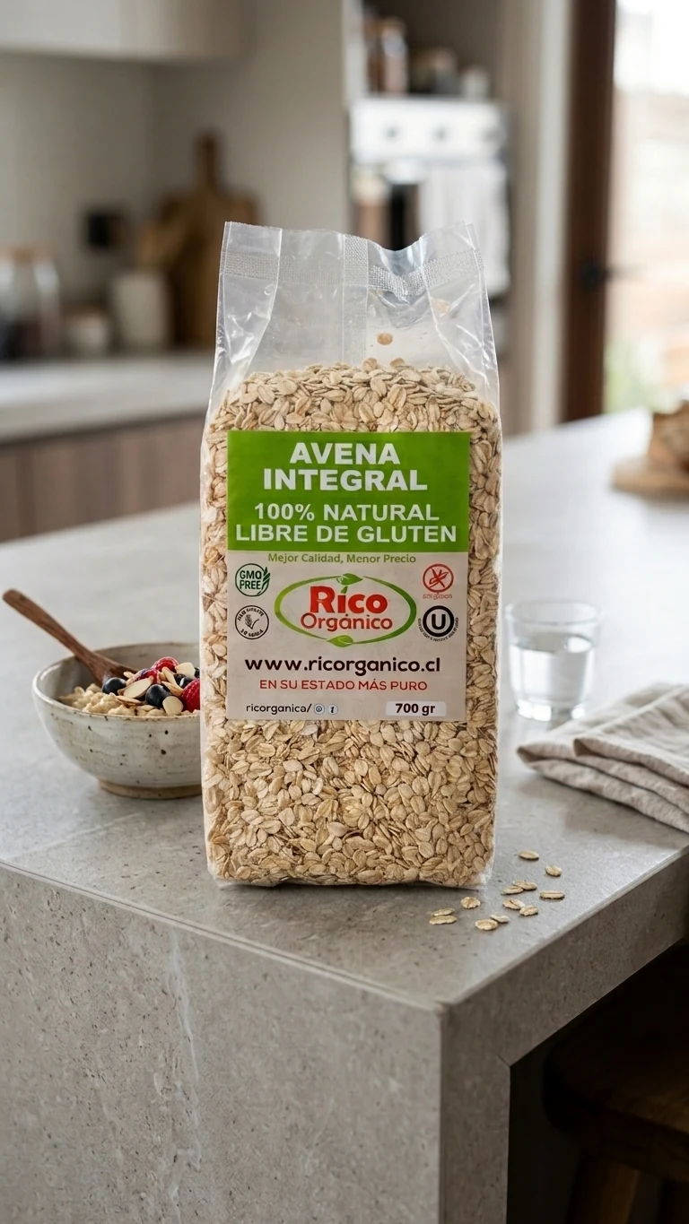 Avena Integral Libre de Gluten RicOrganico junto a un desayuno con frutas